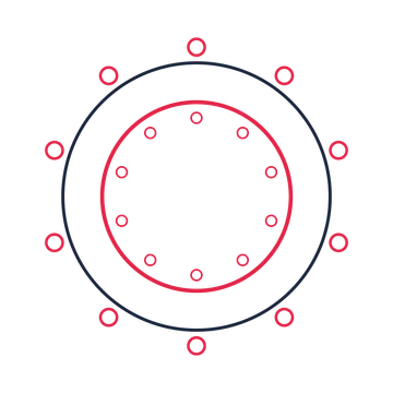 A circular emblem with 10 ring motifs, fine concentric rings and a double orbit structure.