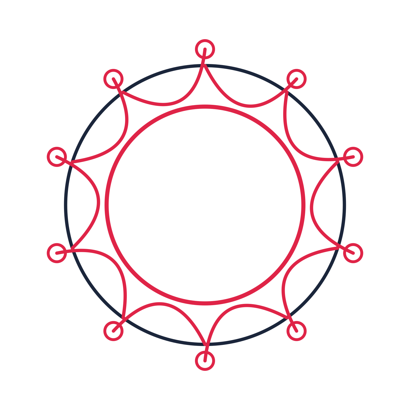 A circular emblem with 10 ring motifs, fine concentric rings and a interlaced structure.