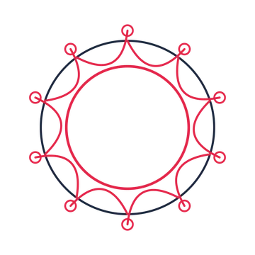A circular emblem with 10 ring motifs, fine concentric rings and a interlaced structure.