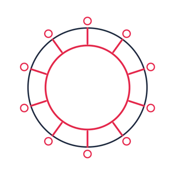 A circular emblem with 10 ring motifs, fine concentric rings and a spokes structure.