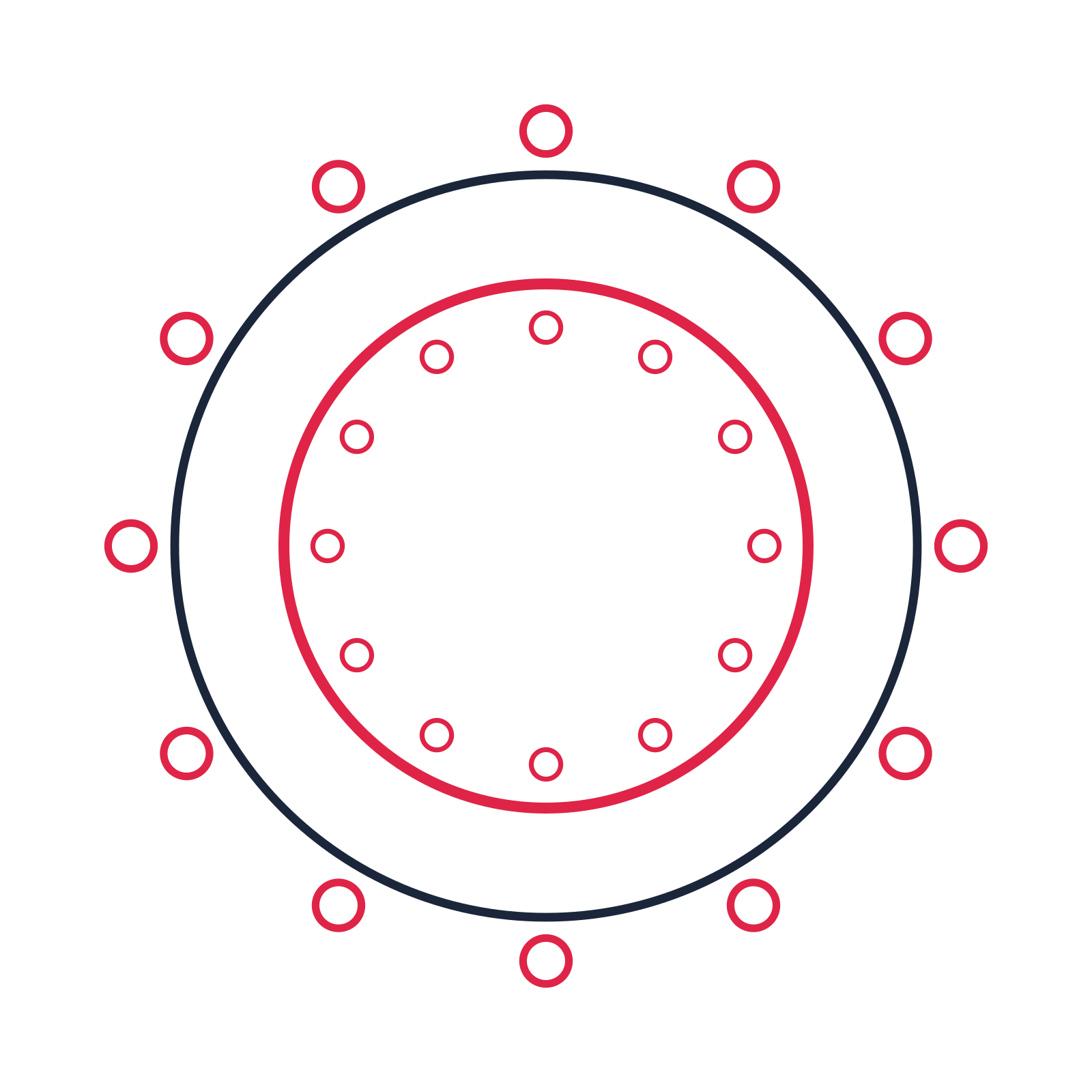 A circular emblem with 12 ring motifs, fine concentric rings and a double orbit structure.
