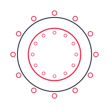 A circular emblem with 12 ring motifs, fine concentric rings and a double orbit structure.