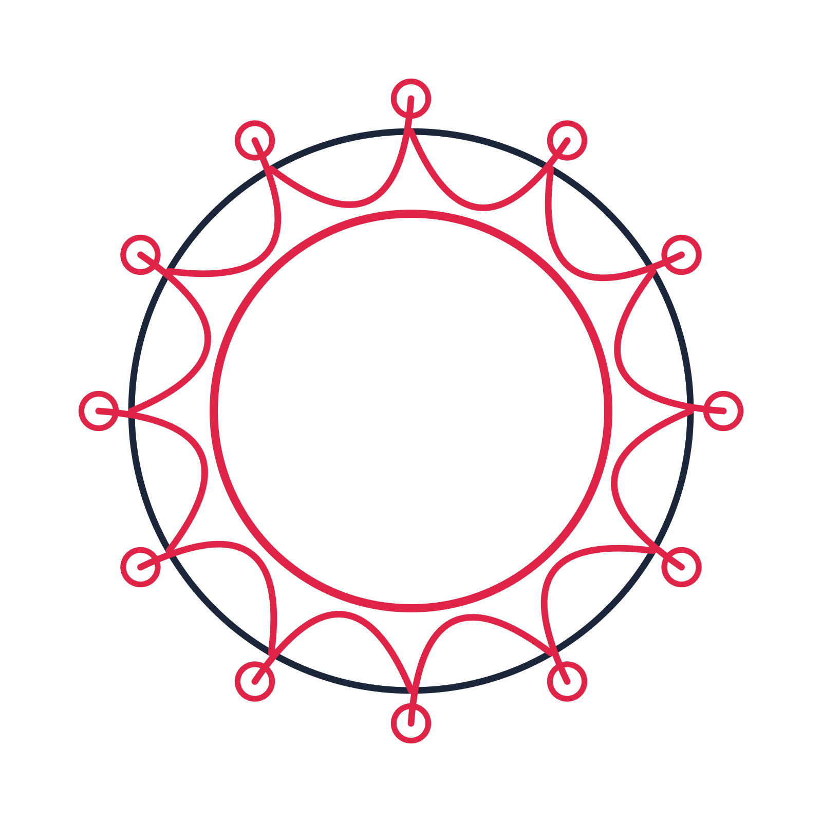 A circular emblem with 12 ring motifs, fine concentric rings and a interlaced structure.