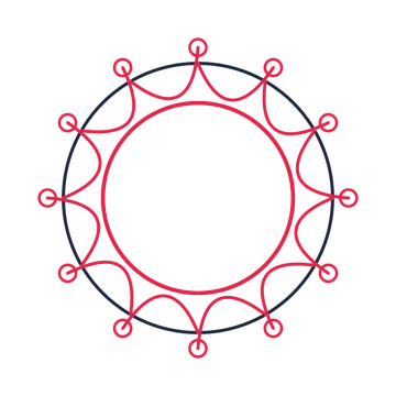 A circular emblem with 12 ring motifs, fine concentric rings and a interlaced structure.