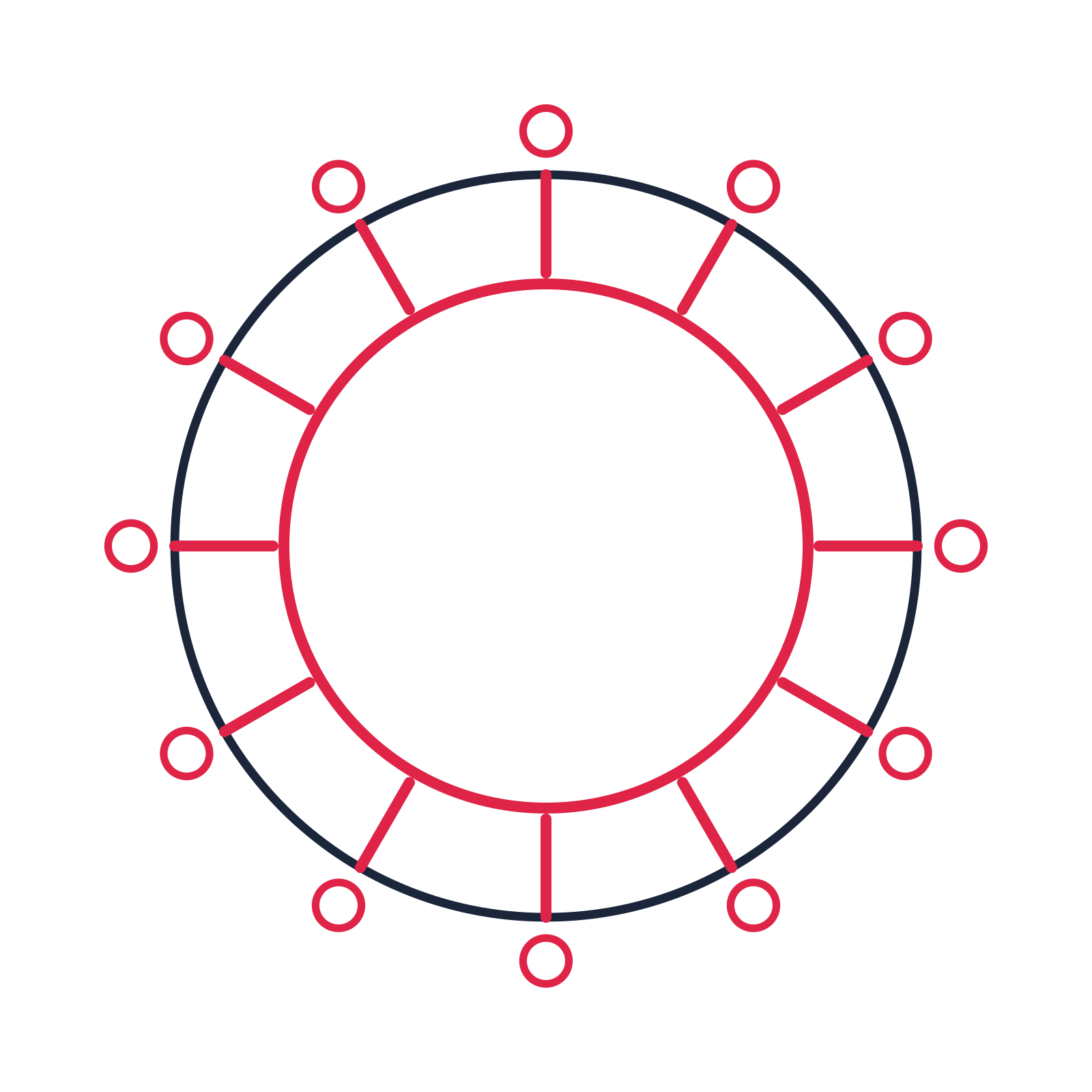 A circular emblem with 12 ring motifs, fine concentric rings and a spokes structure.