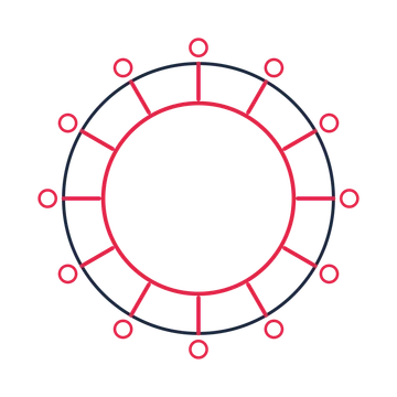 A circular emblem with 12 ring motifs, fine concentric rings and a spokes structure.