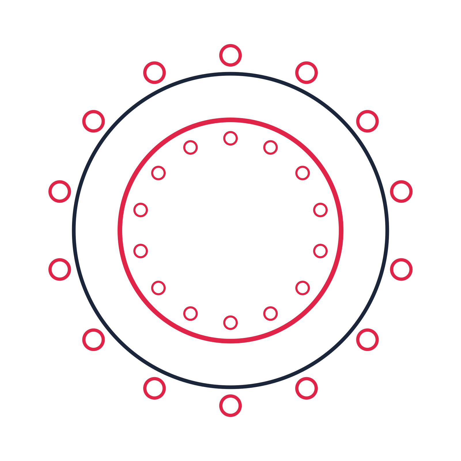 A circular emblem with 14 ring motifs, fine concentric rings and a double orbit structure.