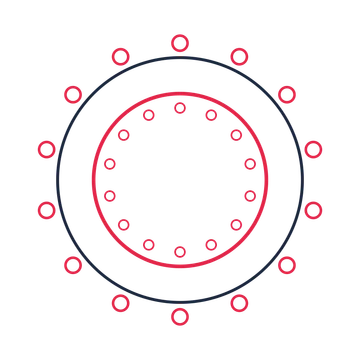 A circular emblem with 14 ring motifs, fine concentric rings and a double orbit structure.