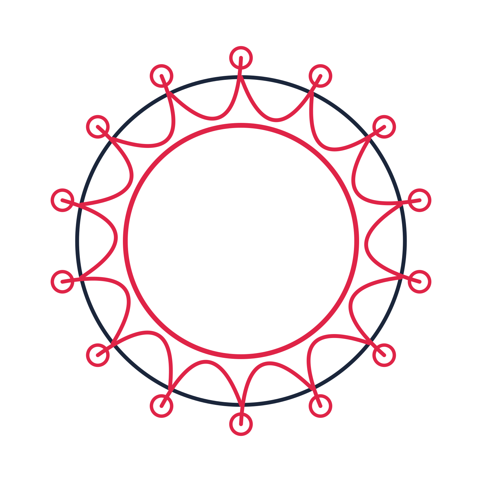 A circular emblem with 14 ring motifs, fine concentric rings and a interlaced structure.