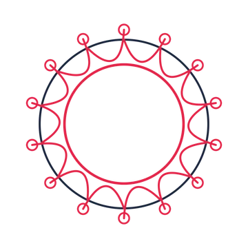 A circular emblem with 14 ring motifs, fine concentric rings and a interlaced structure.