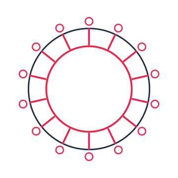 A circular emblem with 14 ring motifs, fine concentric rings and a spokes structure.