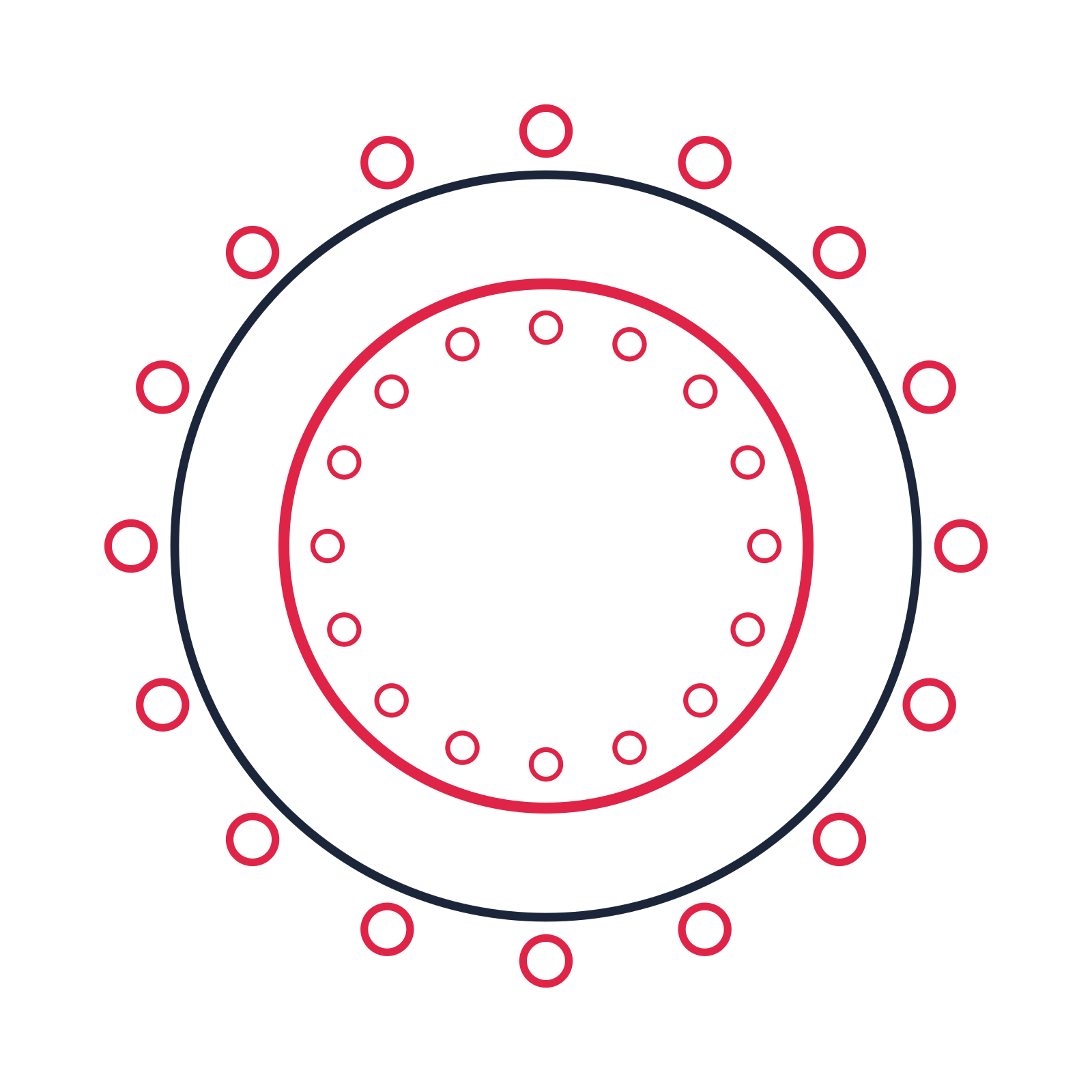 A circular emblem with 16 ring motifs, fine concentric rings and a double orbit structure.