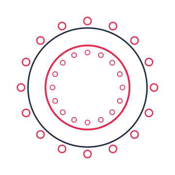 A circular emblem with 16 ring motifs, fine concentric rings and a double orbit structure.