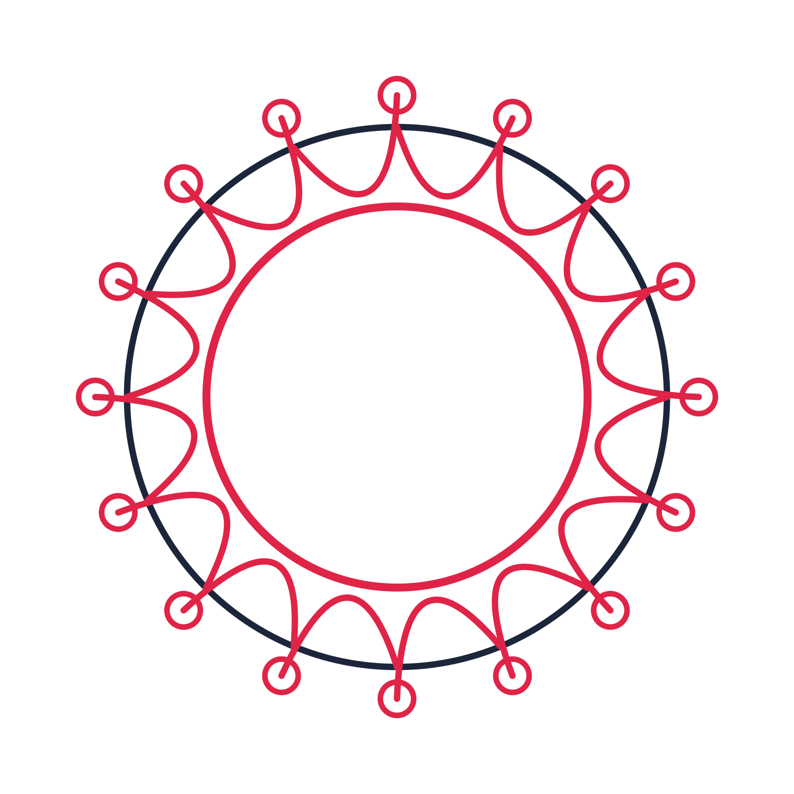 A circular emblem with 16 ring motifs, fine concentric rings and a interlaced structure.