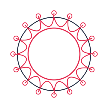 A circular emblem with 16 ring motifs, fine concentric rings and a interlaced structure.