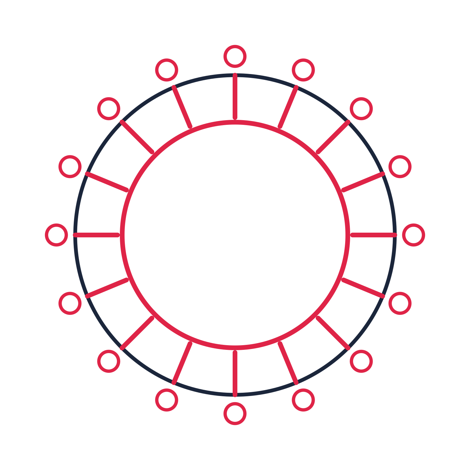 A circular emblem with 16 ring motifs, fine concentric rings and a spokes structure.