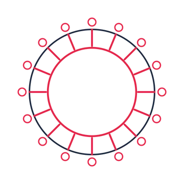 A circular emblem with 16 ring motifs, fine concentric rings and a spokes structure.