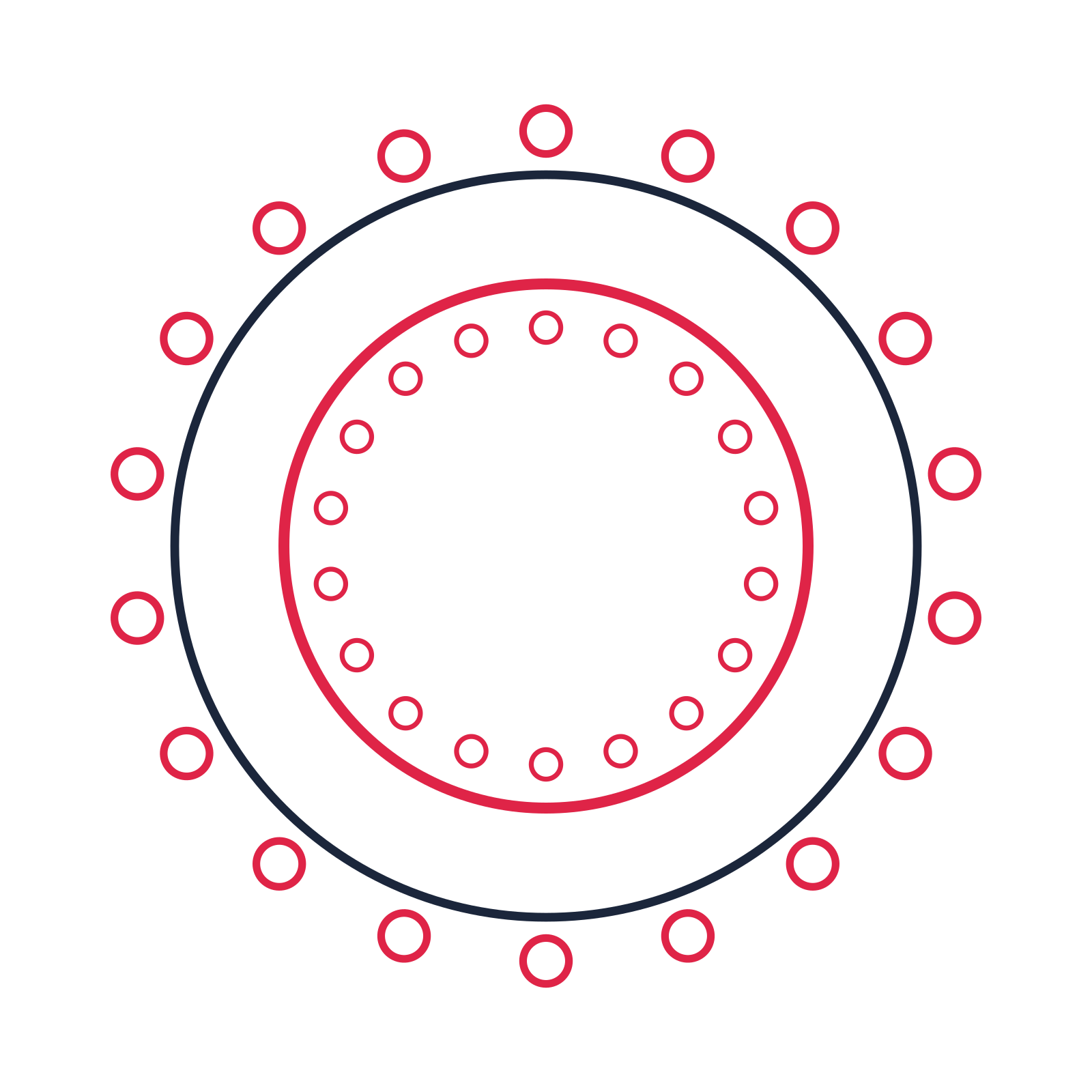 A circular emblem with 18 ring motifs, fine concentric rings and a double orbit structure.