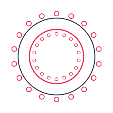 A circular emblem with 18 ring motifs, fine concentric rings and a double orbit structure.