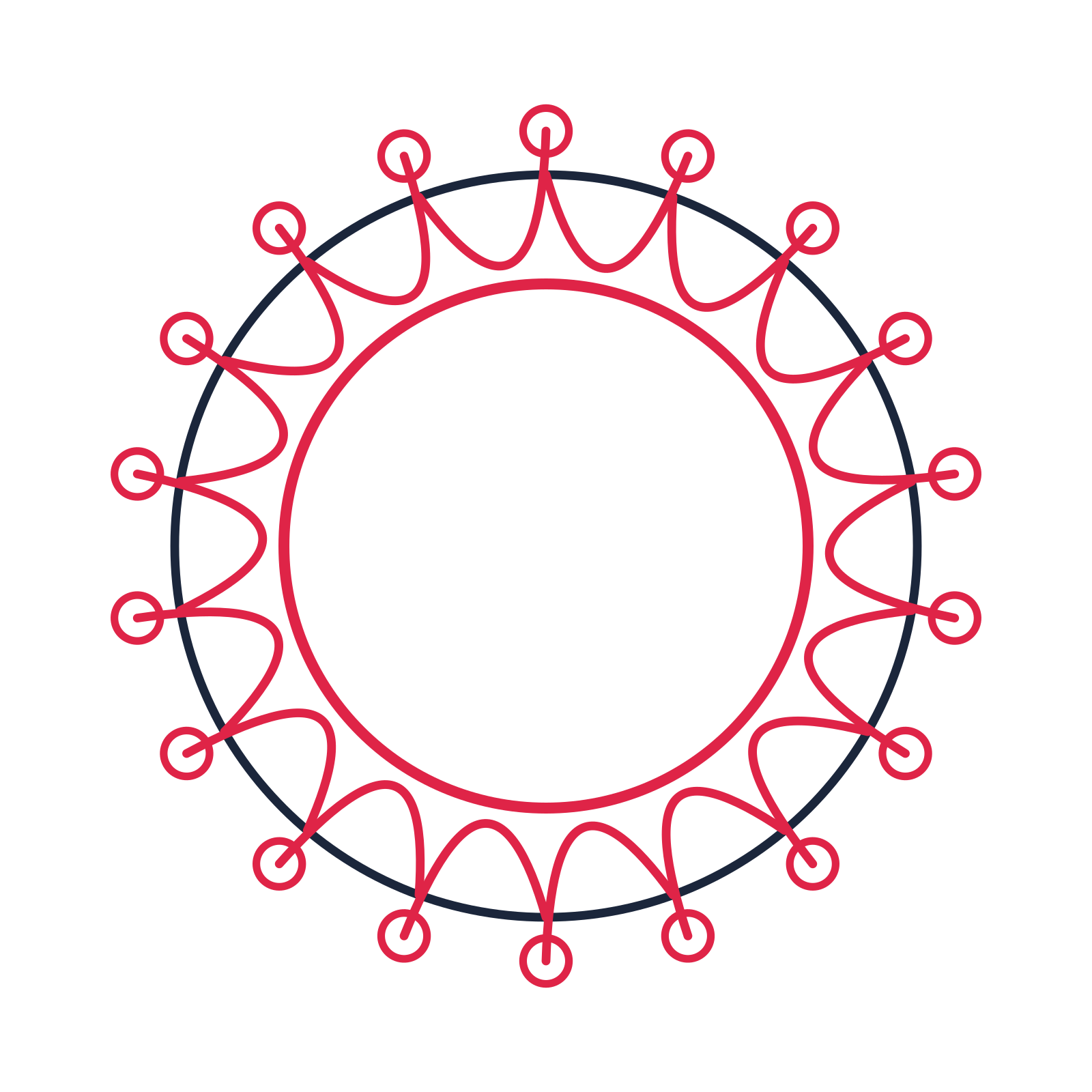A circular emblem with 18 ring motifs, fine concentric rings and a interlaced structure.