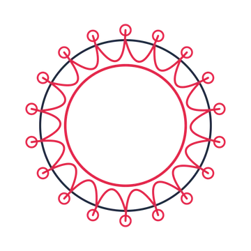A circular emblem with 18 ring motifs, fine concentric rings and a interlaced structure.