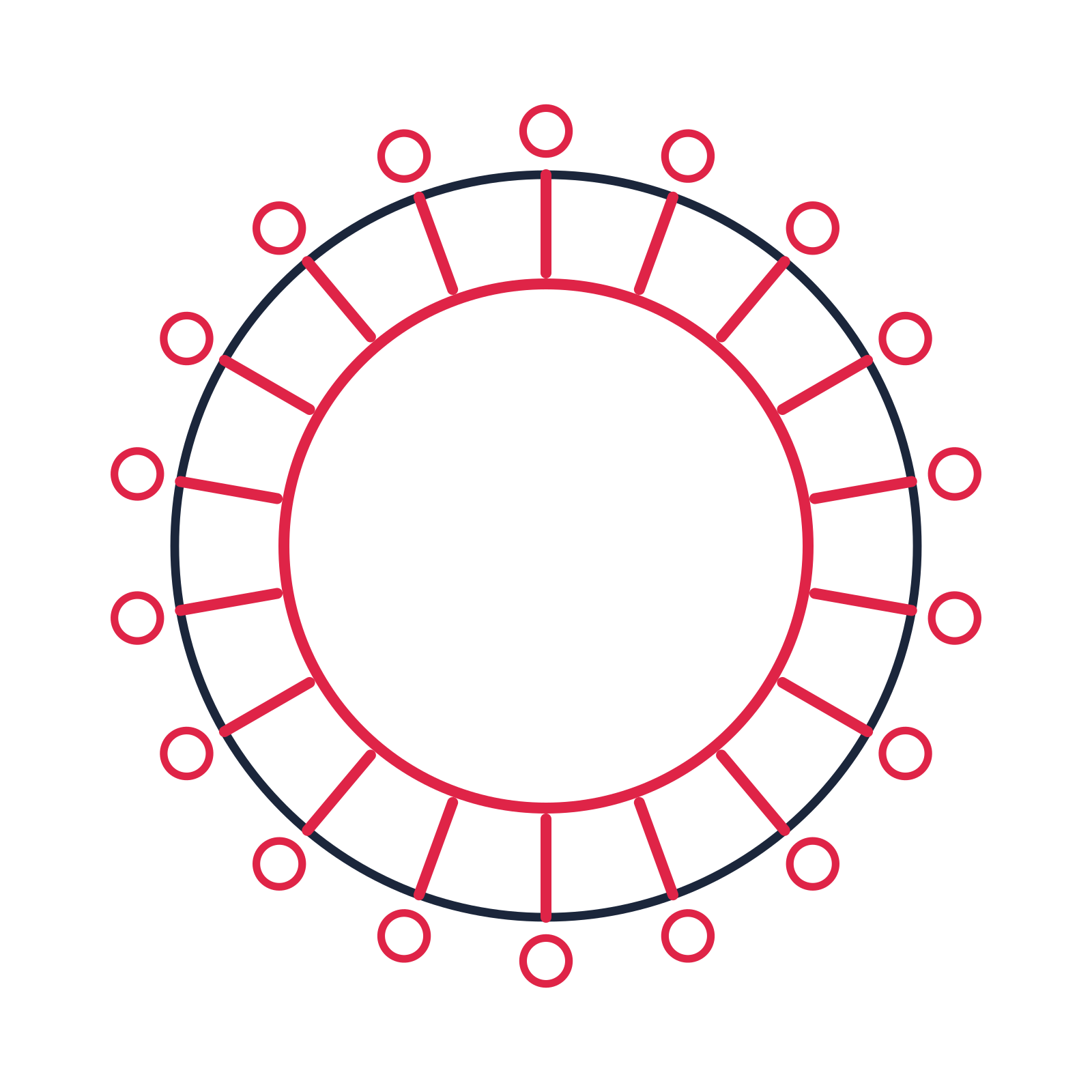 A circular emblem with 18 ring motifs, fine concentric rings and a spokes structure.