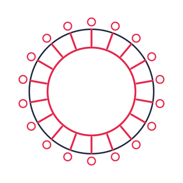 A circular emblem with 18 ring motifs, fine concentric rings and a spokes structure.