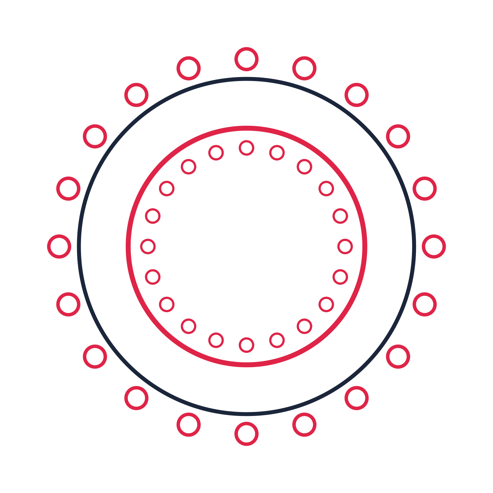 A circular emblem with 20 ring motifs, fine concentric rings and a double orbit structure.