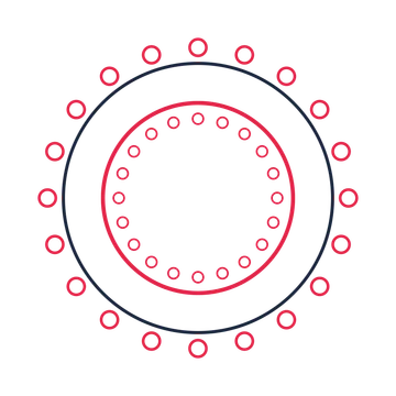 A circular emblem with 20 ring motifs, fine concentric rings and a double orbit structure.