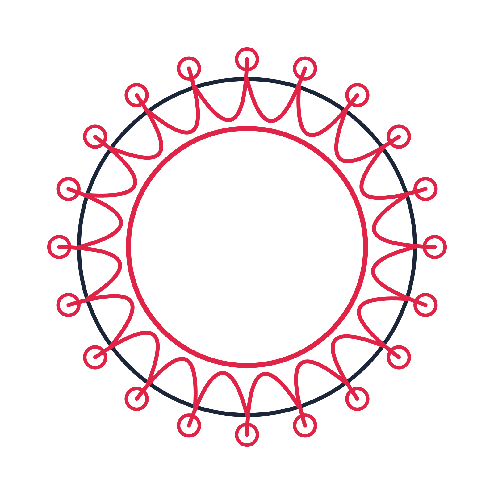 A circular emblem with 20 ring motifs, fine concentric rings and a interlaced structure.