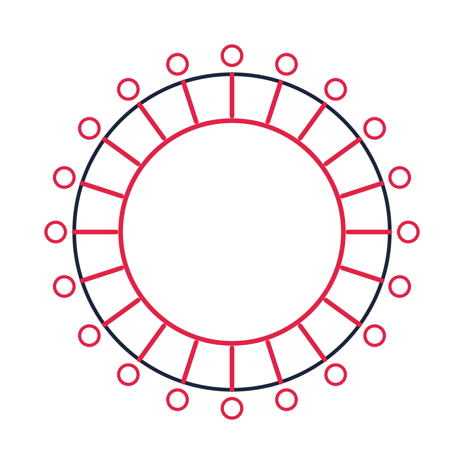 A circular emblem with 20 ring motifs, fine concentric rings and a spokes structure.