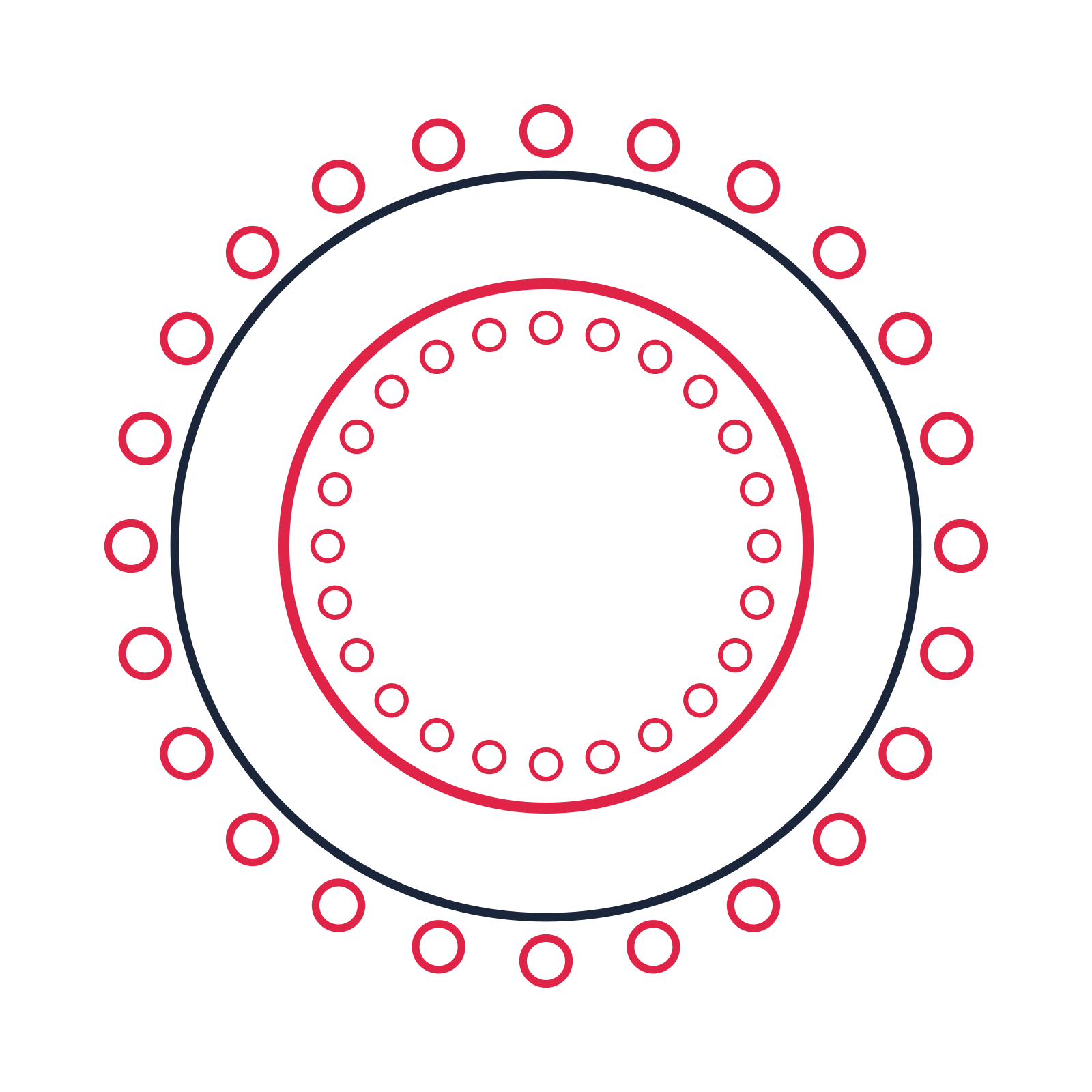 A circular emblem with 24 ring motifs, fine concentric rings and a double orbit structure.