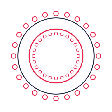 A circular emblem with 24 ring motifs, fine concentric rings and a double orbit structure.