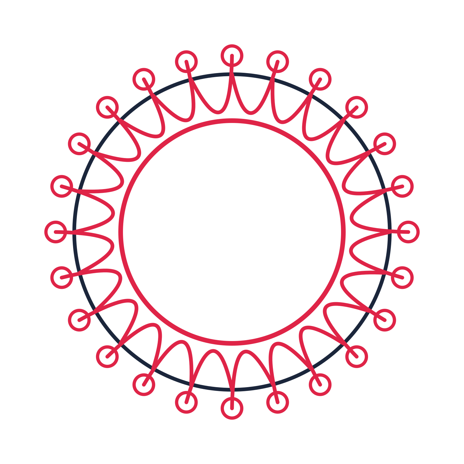 A circular emblem with 24 ring motifs, fine concentric rings and a interlaced structure.