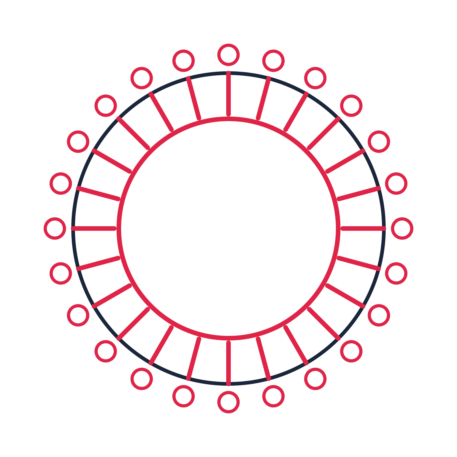A circular emblem with 24 ring motifs, fine concentric rings and a spokes structure.