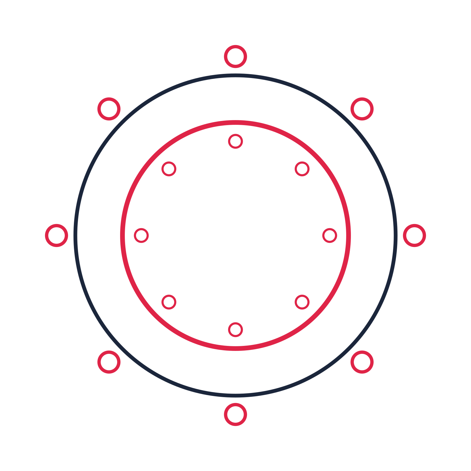 A circular emblem with 8 ring motifs, fine concentric rings and a double orbit structure.