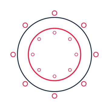 A circular emblem with 8 ring motifs, fine concentric rings and a double orbit structure.