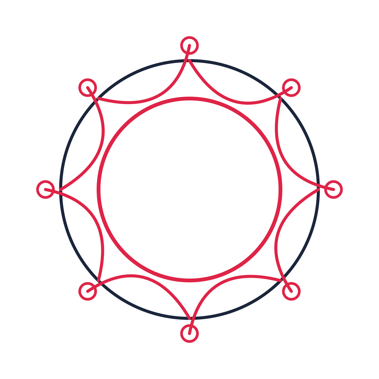 A circular emblem with 8 ring motifs, fine concentric rings and a interlaced structure.