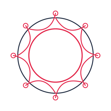 A circular emblem with 8 ring motifs, fine concentric rings and a interlaced structure.