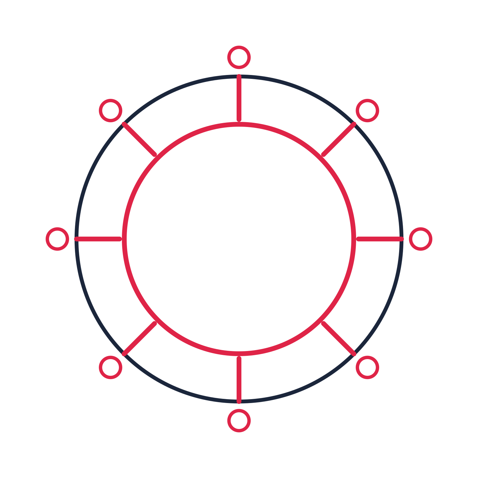 A circular emblem with 8 ring motifs, fine concentric rings and a spokes structure.