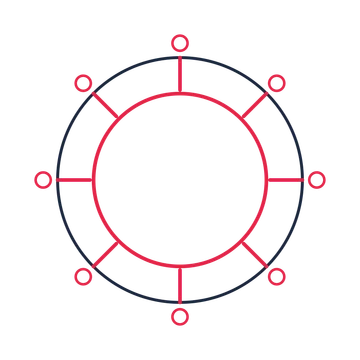A circular emblem with 8 ring motifs, fine concentric rings and a spokes structure.