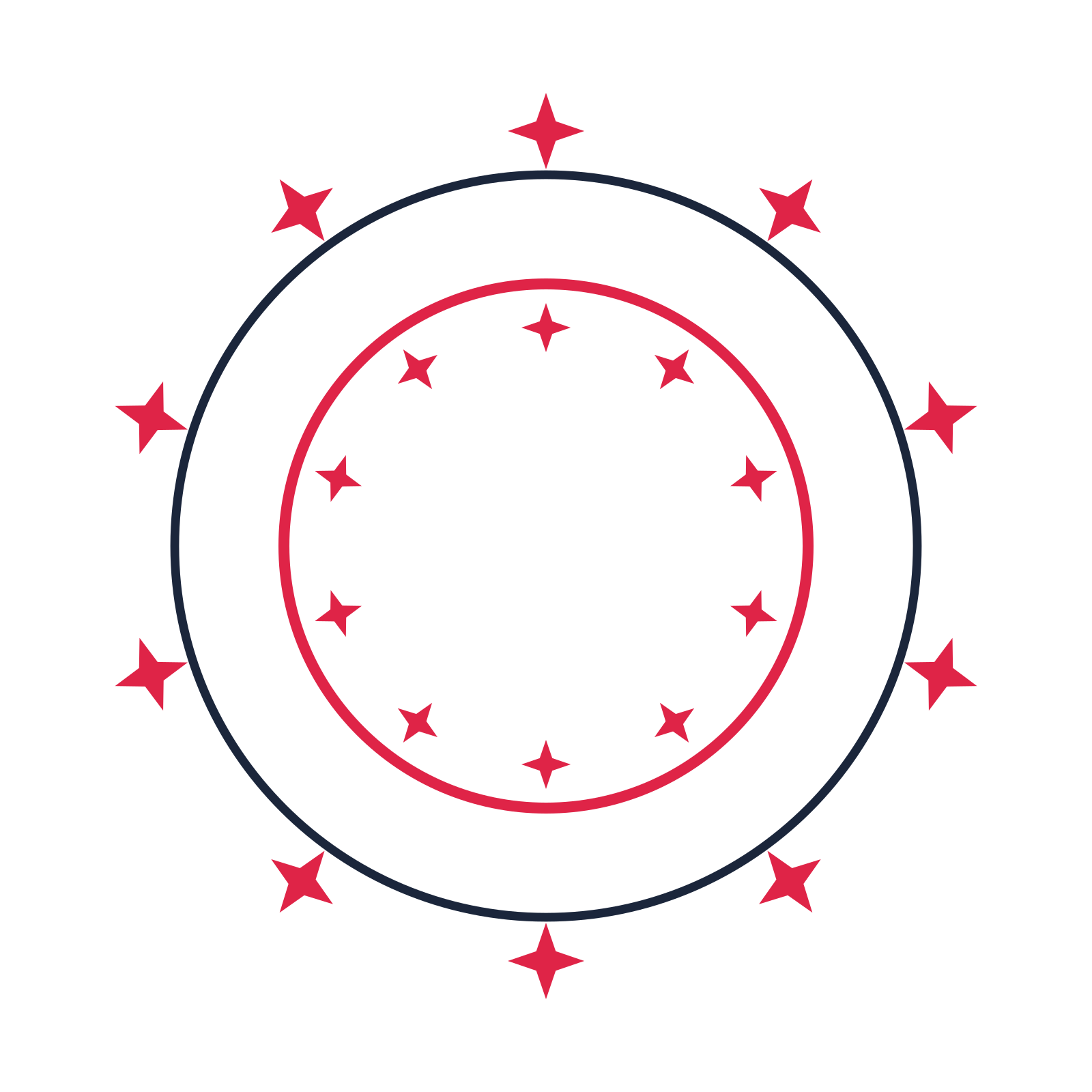 A circular emblem with 10 sparkle motifs, fine concentric rings and a double orbit structure.