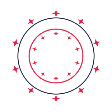 A circular emblem with 10 sparkle motifs, fine concentric rings and a double orbit structure.
