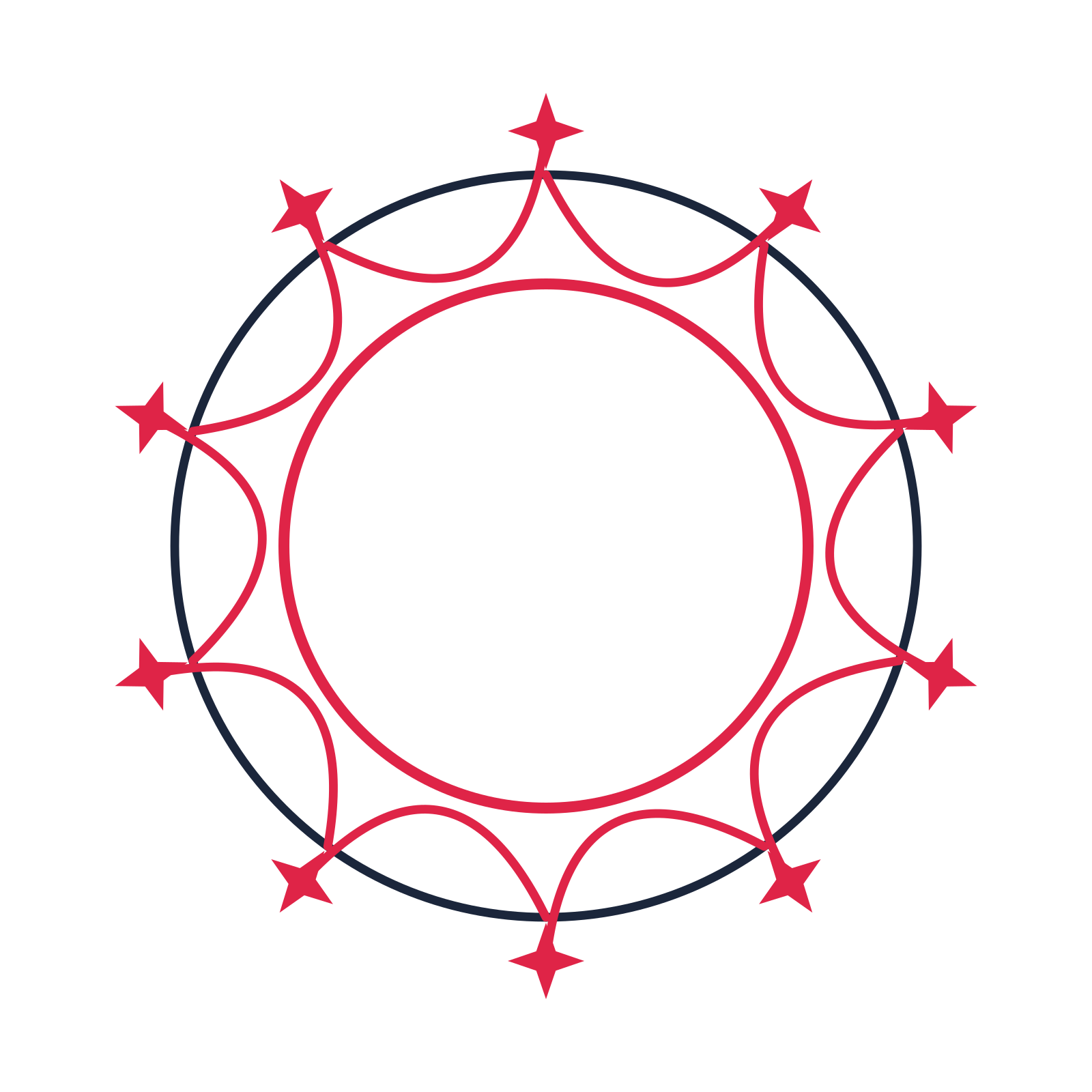 A circular emblem with 10 sparkle motifs, fine concentric rings and a interlaced structure.