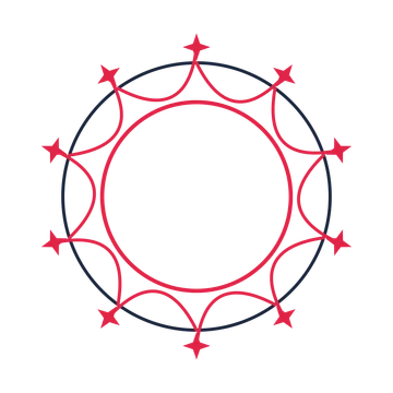 A circular emblem with 10 sparkle motifs, fine concentric rings and a interlaced structure.