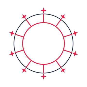A circular emblem with 10 sparkle motifs, fine concentric rings and a spokes structure.