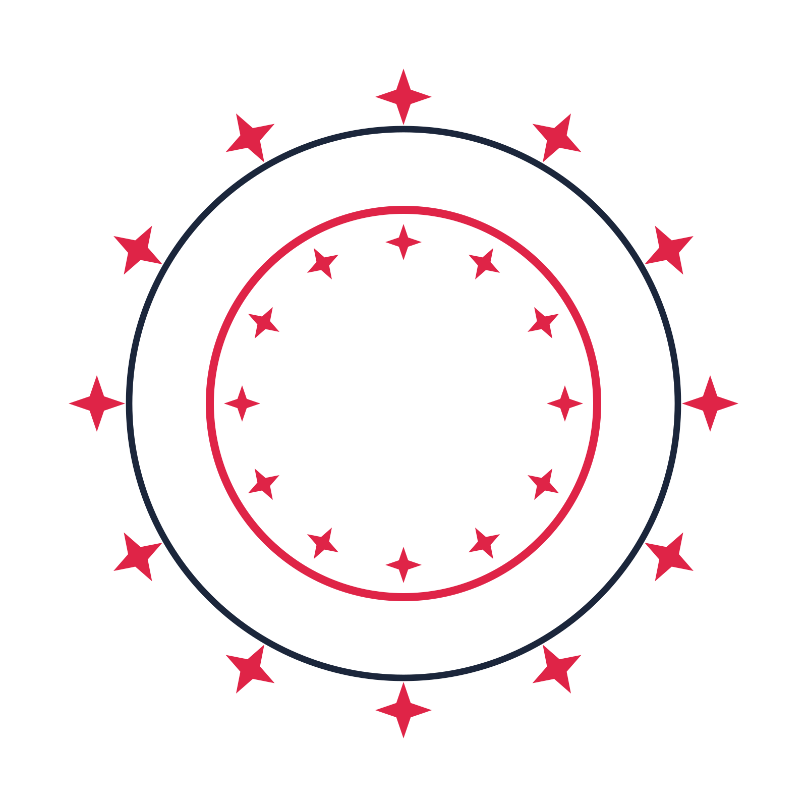 A circular emblem with 12 sparkle motifs, fine concentric rings and a double orbit structure.