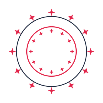 A circular emblem with 12 sparkle motifs, fine concentric rings and a double orbit structure.