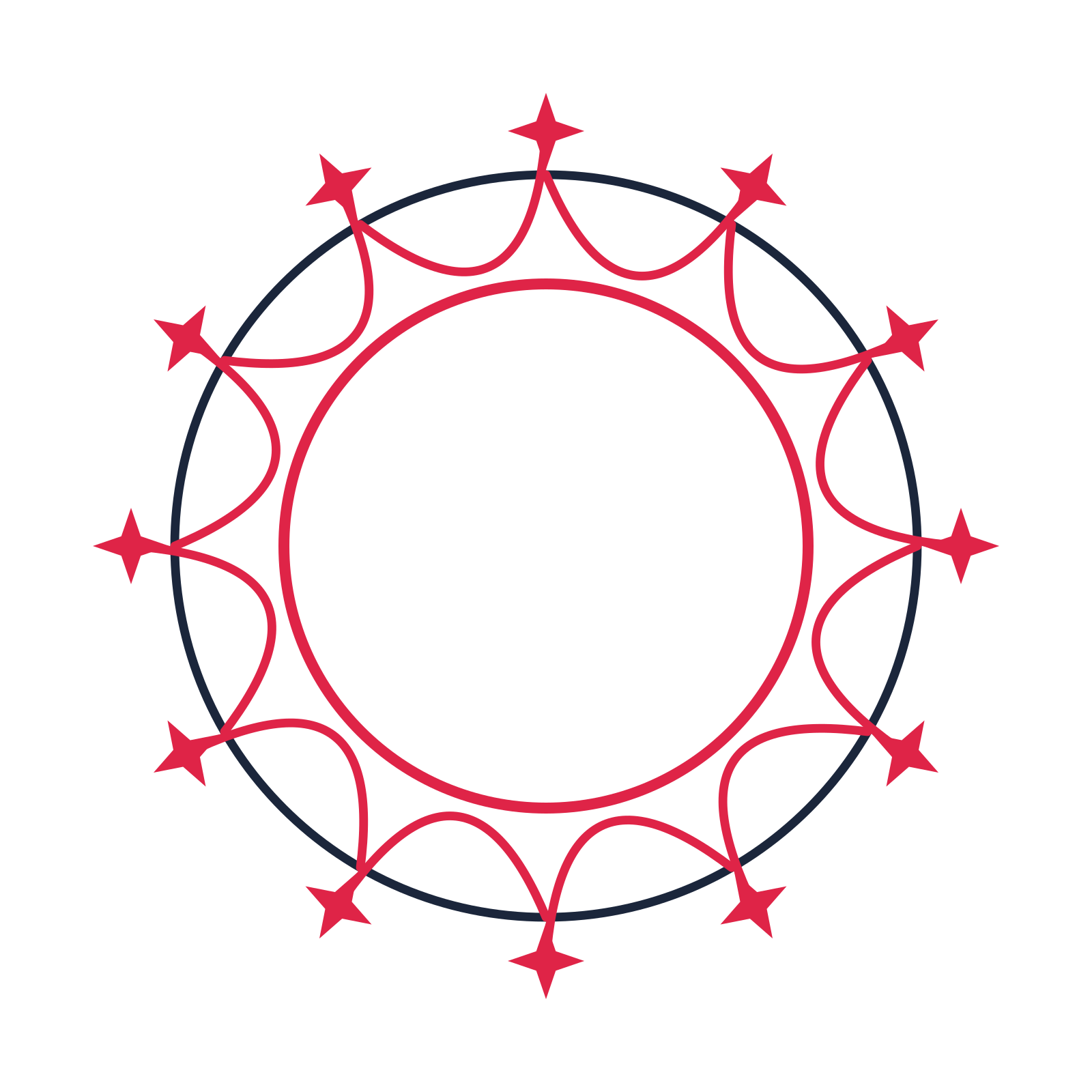 A circular emblem with 12 sparkle motifs, fine concentric rings and a interlaced structure.