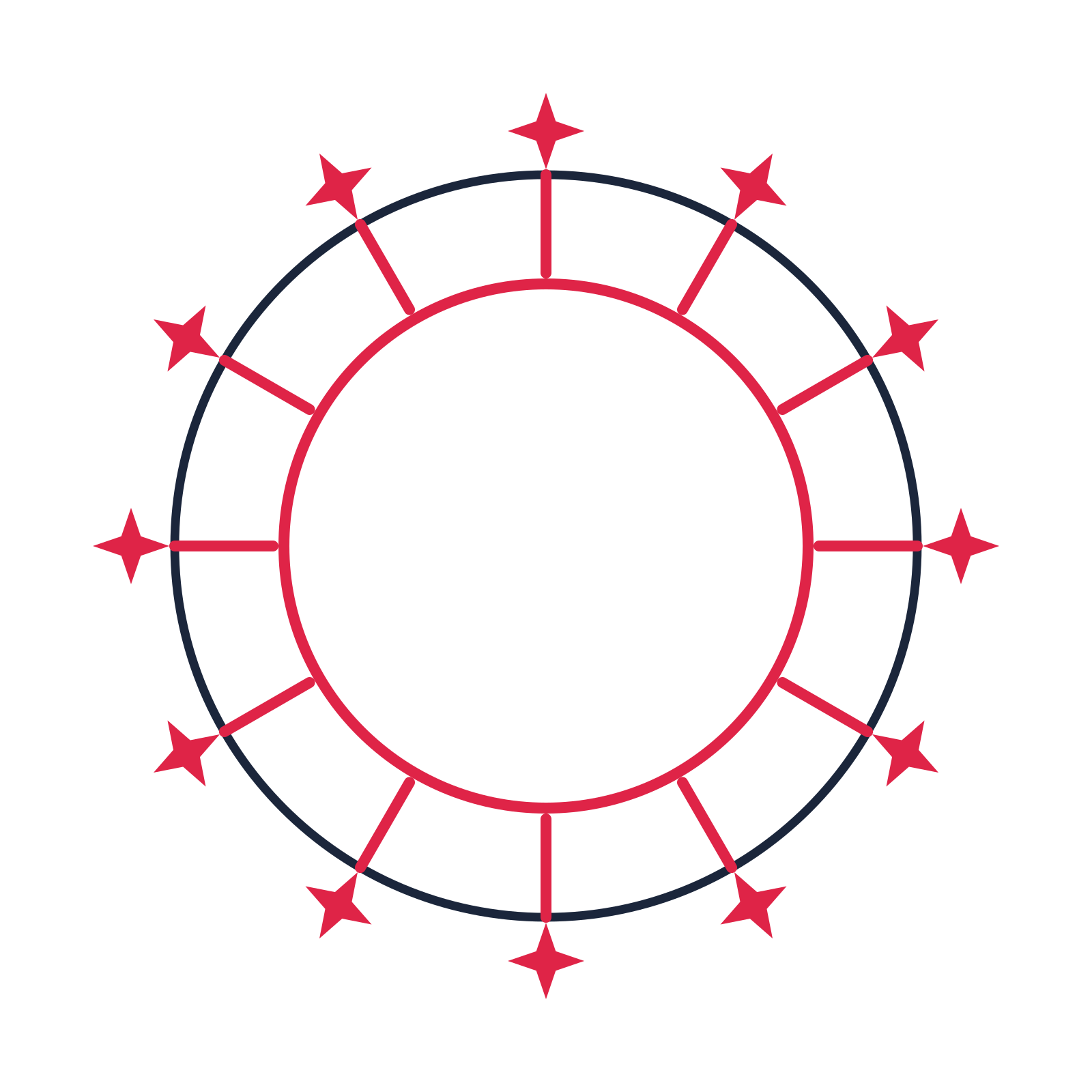 A circular emblem with 12 sparkle motifs, fine concentric rings and a spokes structure.